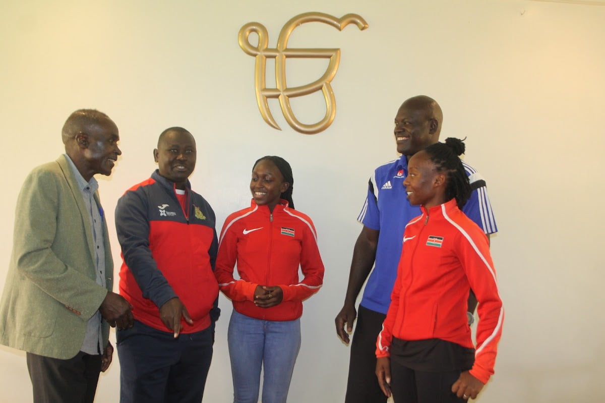 From Left: Nashon Randiek, Patrick Mugambi, Jeriah Onsare, Meshack Senge and Tracy Karanja after press briefing at Simba Sports Club.