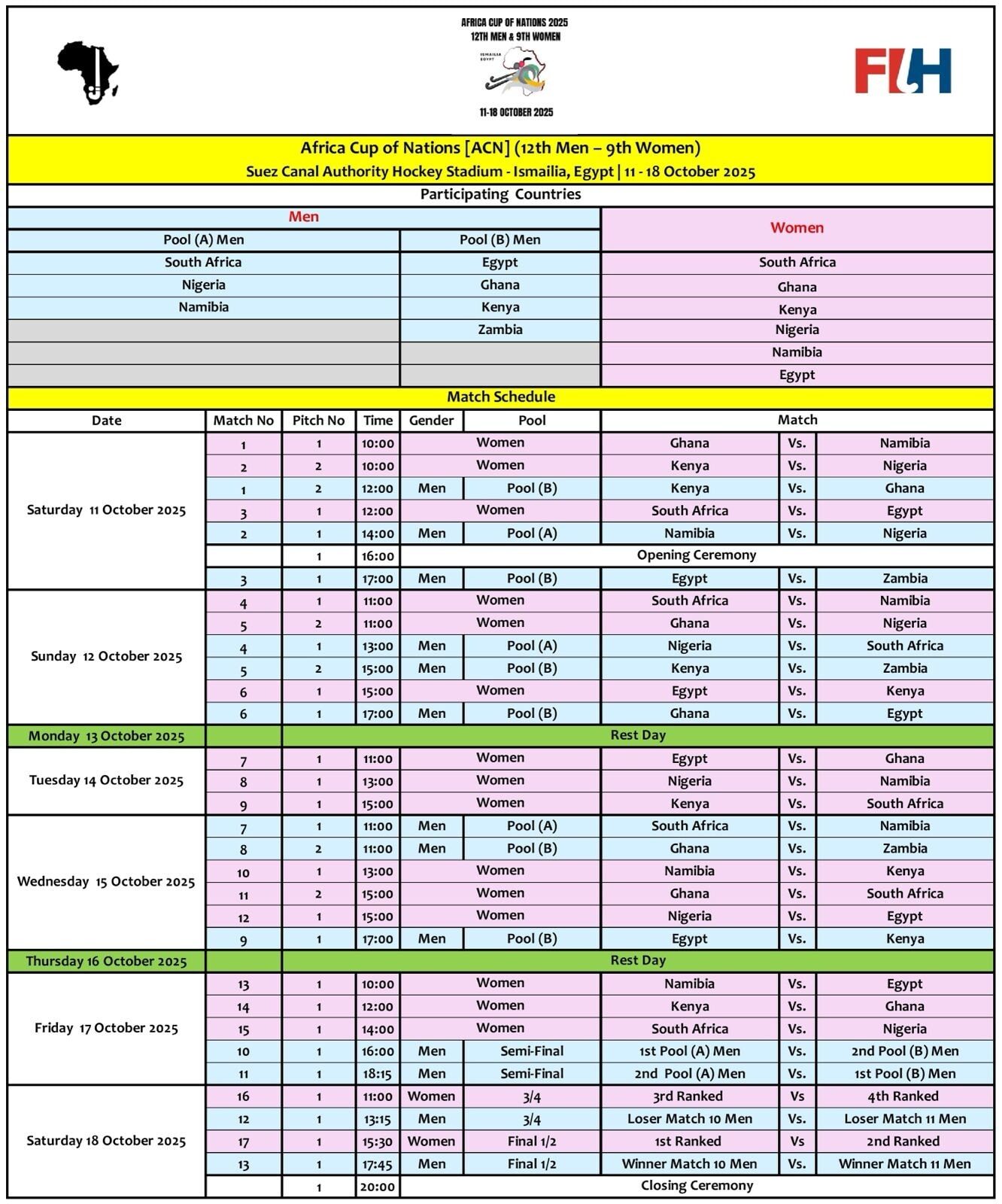 FIXTURES | Africa Cup of Nations [ACN] -  MEN 12th Edition & WOMEN 9th Edition