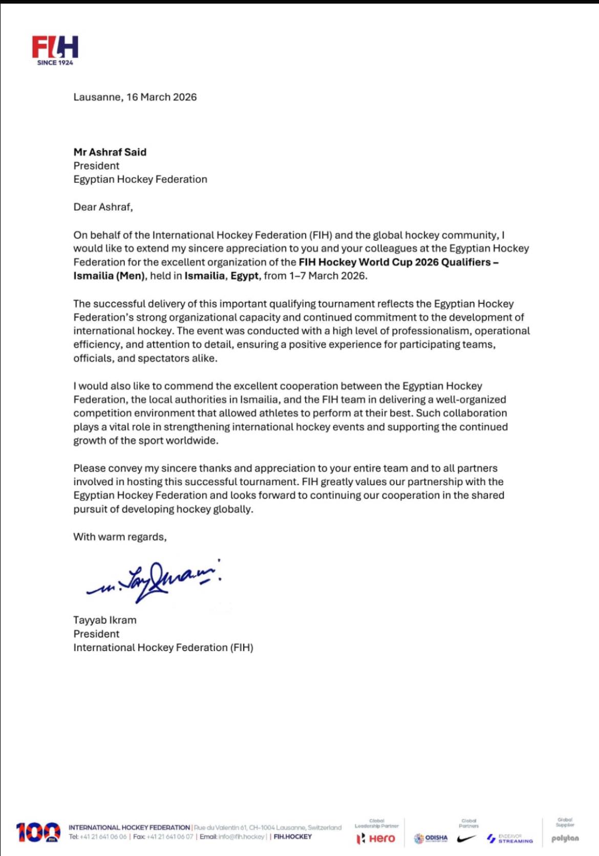 FIH President praises the organization of Egypt for the 2026 World Cup Qualifying Championship